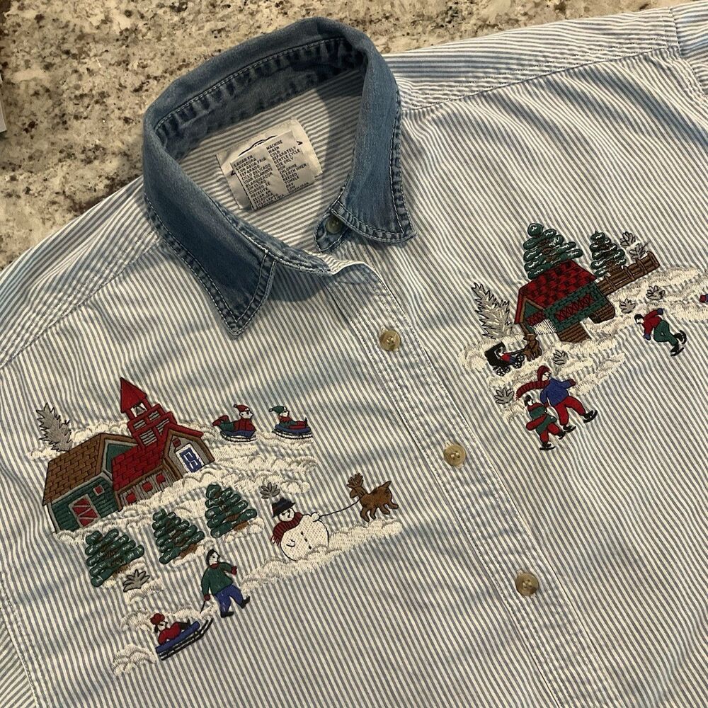 Solutions Christmas Shirt Womens Large Blue Striped Snowman Sled Winter Top